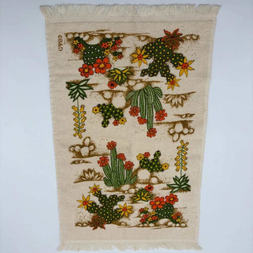 Vintage Cannon Cactus Desert Fringed Hand Towel Cream B&D Southwestern Retro